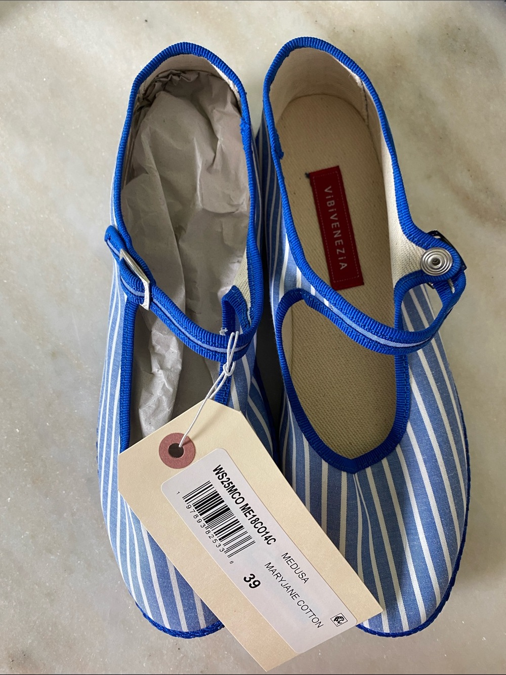 Vibi Venezia Blue & White Striped Mary-Jane Flats